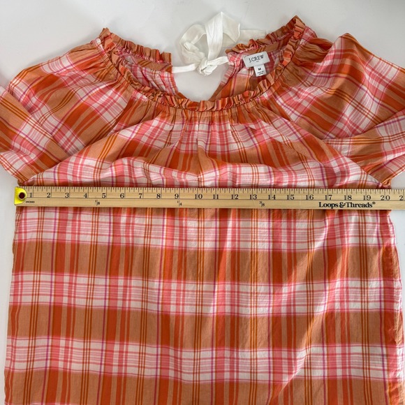 J.Crew Plaid Peasant Top 100% Cotton Ruffle Orange Pink Med Cottagecore Prairie - Picture 12 of 14